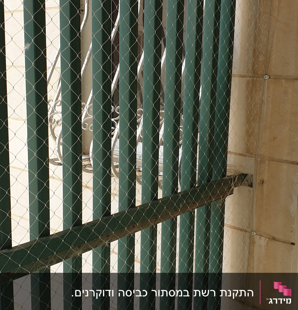 רשת מתוחה על סורגים ירוקים למניעת כניסת יונים